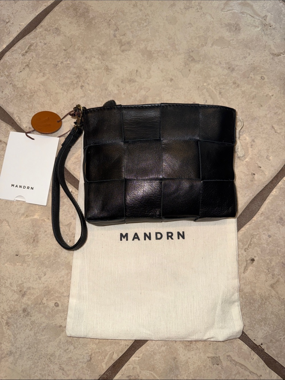 NWT MANDRN Black Woven Leather Wristlet Clutch